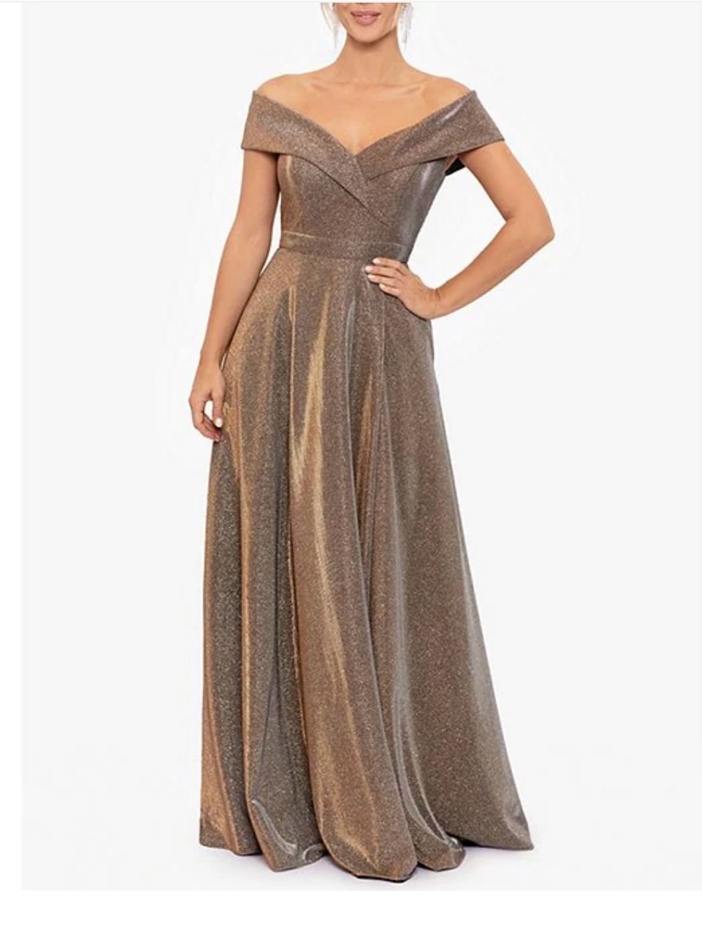Xscape Evening Gown, NWT, sz 8, sand, bronze, off the shoulder cap sleeve